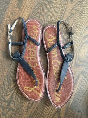 Sam Edelman Black Leather T-Strap Sandals with Brown Croc-Embossed Footbed